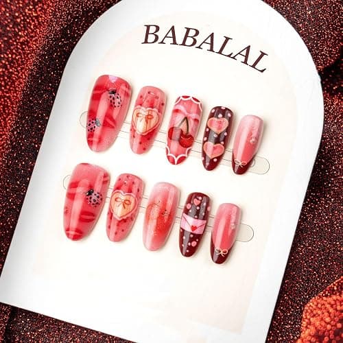 BABALAL Press on Nails Medium Almond Fake Nails Pink Strawberry Glue on Sweet Heart Bow Lips Art False Acrylic Nails Y2k 24Pcs Valentines Custom Stiletto Full Cover for Women Girls thumbnail 2