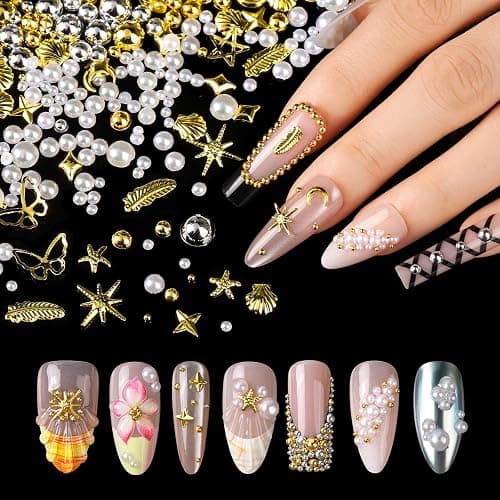 FANDAMEI Gold Nail Gems, 3D Star Nail Charms, Flatback Pearls White Beige, Half Round Silver and Gold Nail Charms, Mixed Sizes Pearls for Nails, Metal Nail Beads, 3D Metallic Nails Art Studs thumbnail 6