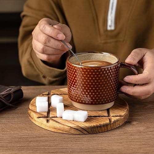 GBHOME 12 OZ Stackable Coffee Mugs, Ceramic Coffee Cups with Texture Patterns for Man,Woman,Dad,Mom, Modern Coffee Mugs Set of 4 for Latte/Cappuccino/Cocoa. Dishwasher&Microwave Safe - Caramel - 12oz thumbnail 3