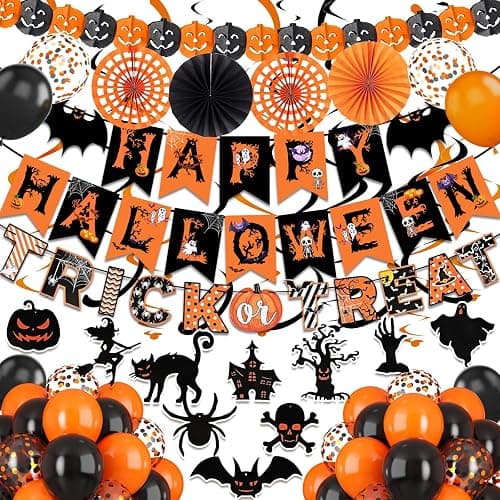 Happy Halloween Trick or Treat Banner Paper Fan Balloons & Swirl Streamers Goul Bat Cat Bird Ghost Pumpkin Lantern for Party Decorations - Image 1