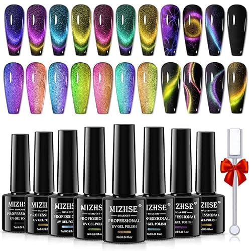 MIZHSE 8 Colors 9D Cat Eye Gel Nail Polish, Upgraded Magnetic Gel Polish Kit with Magnet Stick, Galaxy Chameleon Effect Silk Cat Eye Nail Polish Soak Off Nail Art Salon Manicure Home Ladies Gift