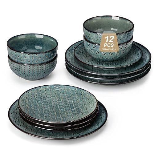 MALACASA 12 Pieces Dinnerware Sets, Farmhouse Plates and Bowls Sets, Embossed Green Dish Set for 4, Vintage Relief Ceramic Dish Set, Chip-Resistant, Microwave and Dishwasher Safe, Series LYDIA - Image 1