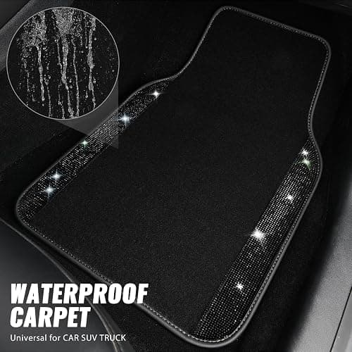 CAR PASS Bling Diamond Leather Steering Wheel Cover 14.5in-15in Floor Mats Shining Rhinestone Carpet Sparkly Glitter Crystal Anti-Slip Pad Fit Automotive SUV Pickup Truck Girl Women, 5pcs Black thumbnail 3