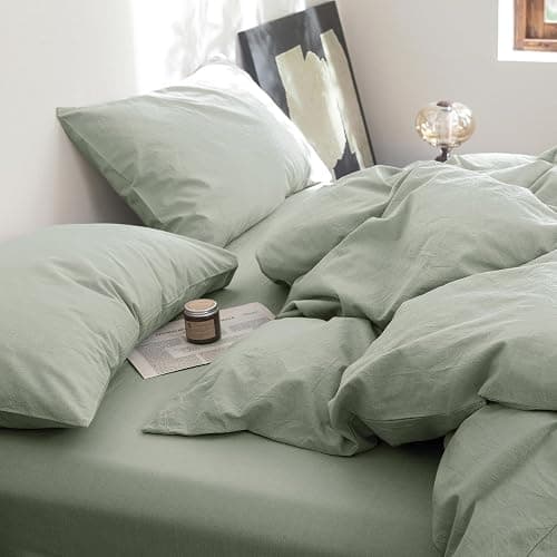 FOSSA Duvet Cover Set 100% Washed Cotton Linen Feel Super Soft Breathable Cozy 3 Pieces Bedding Sets Solid Sage Green Full/Double thumbnail 8