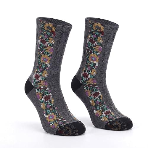 jecvxor 5 Pairs Women's Floral Design Vintage Crew Socks Ethnic Jacquard Knit Set, Red, Grey, Blue, White, Black thumbnail 5
