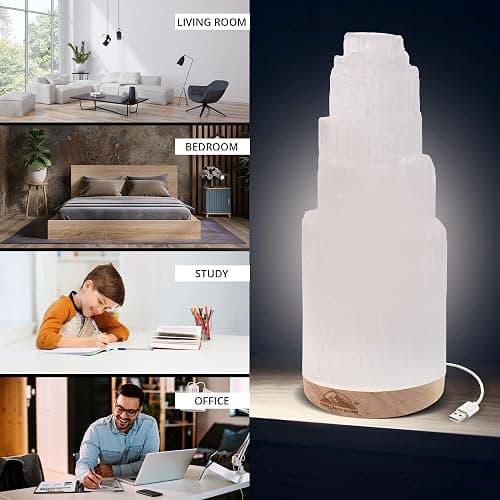 Himalayan Glow Selenite Crystal Lamp 20cm, Hand Curved Morocco |Skyscraper| Crystals and Healing Stones,(ETL Certified) with Wooden Base & USB Charging Cable For Healing Cleansing & Meditation thumbnail 8