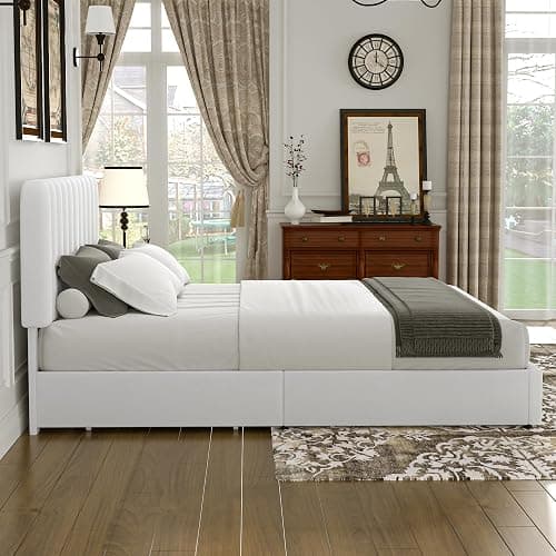 VECELO Queen Size Upholstered Bed Frame with 4 Drawers and Headboard, Velvet Platform Storage Bedframe, Wooden Slats Support, No Box Spring Needed,Snow-White thumbnail 6