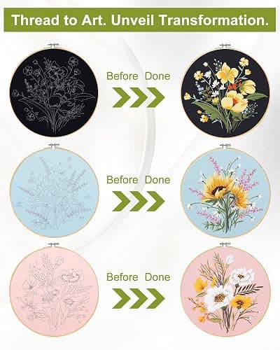 Santune 3 Pack Flower Embroidery Kit for Beginners Adults Cross Stitch Kits for Beginners Hand Embroidery with Plant Patterns and Instructions DIY Kits for Adults with Hoops,Threads and Needles thumbnail 7