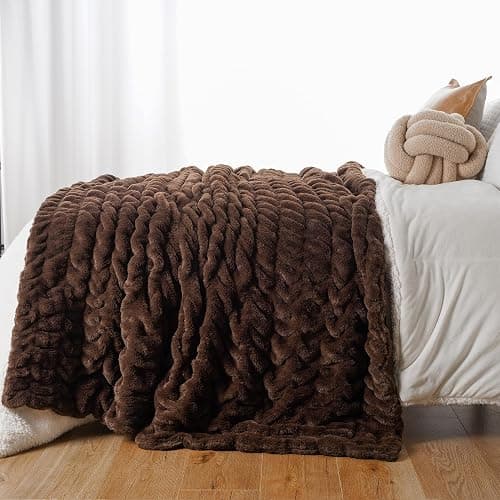 BATTILO HOME Rust Brown Faux Fur Throw Blanket for Bed, Large Double Side Reversible Ruched Rabbit Fur Blanket for Couch, Living Room, Soft Warm Mink Cozy Blanket, 60x80 Inch thumbnail 4