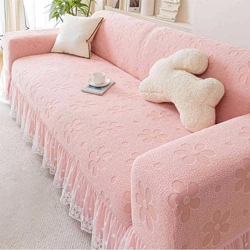 ZenQeek Stretch Sofa Cover with Lace Ruffle, 57" * 73" Full Coverage 2 Seater Couch Cover for Dogs, All Season Pet Friendly Furniture Protective Cover (Pink) - Image 1