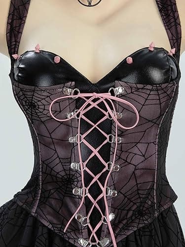 MEOWCOS Women's Gothic Dress A-line Goth Corset Dress Spider Web See-Through Layer Dress - Black and Pink - Medium thumbnail 4