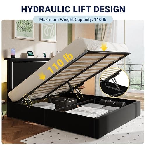 Allewie Full Lift Up Storage Bed Frame with Charging Station, Black | Enclosed Storage, USB & Type-C Charging, Smart LED Lights, Hydraulic Lift, Adjustable Headboard, Velvet Upholstery thumbnail 8