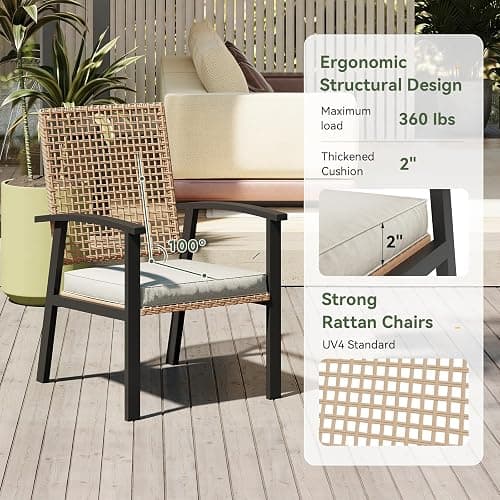 Aoxun 5-Piece Wicker Patio Table and Chairs Set for 4 with Umbrella Hole | Outdoor Dining Set with 6 Chairs and 1 Rectangular Metal Table, Patio Dining Sets with Soft Cushion for Backyard, Yellow thumbnail 4