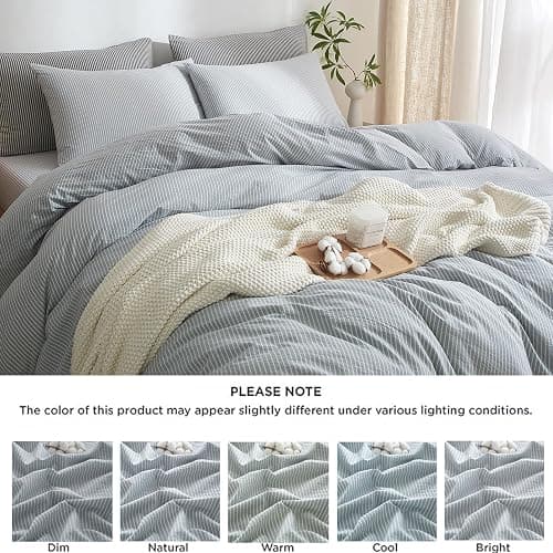 MWL Toy Striped Duvet Cover Set Full Size 3 Pcs Breathable Durable 100% Washed Cotton Comforter Cover for All Seasons Chic Linen Like Textured Bedding Set (Light Blue White Pinstripes, Full) thumbnail 3
