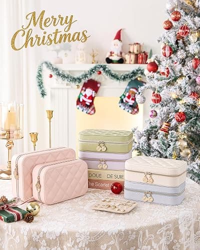 Lolalet Travel Jewelry Case for Women Girls, Travel Jewelry Organizer with Clear Storage Bag Small Portable Jewelry Box for Necklace Bracelet Earring Ring Valentines Bridesmaid Gifts -Medium/Beige thumbnail 2