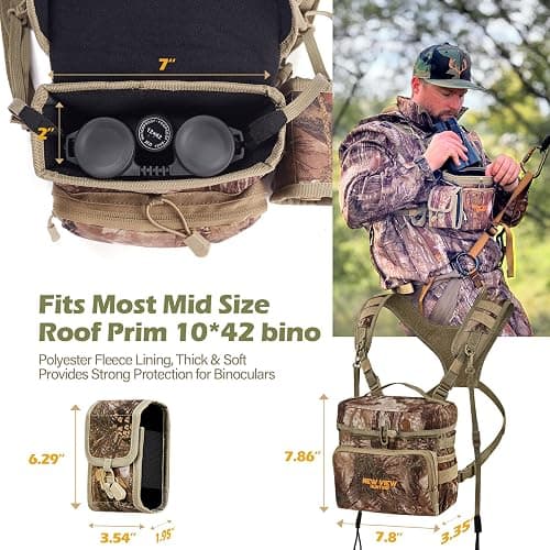 NEW VIEW CamoRanger Ripstop Binocular Harness Chest Pack - Hunting Bino Case, Detachable Rangefinder Pouch, Adjustable Binos Harness, Rain Cover - Tree Camo thumbnail 3