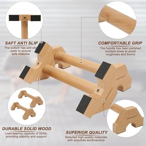 EVERYMATE Calisthenics Wood Parallettes Bars, Wood Push Up Bars Calisthenics Equipment for Home, Push Up Handles for Floor, Handstand Push Up Handles, Wrist Wraps Included - Image 1