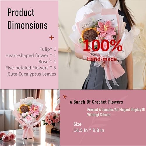 LOEVEN Crochet Flowers, Crochet Flower Bouquet, Crochet Sunflower, Tulip Roses Handmade Knitted Flowers, Carnation, Preserved Flower for Mother's Day, Valentine's Day, Birthday, Graduation (Pink) thumbnail 6