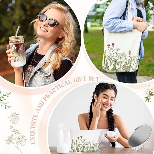 FoldTier 3 Pcs Plant Lover Gifts Spring Aesthetic Valentines Gifts for Women Mom Grandma, Floral Canvas Tote Bag, 16 oz Coffee Cup with Straw Lid, Makeup Bag for Baby Shower, Wedding(White,Flower) thumbnail 5