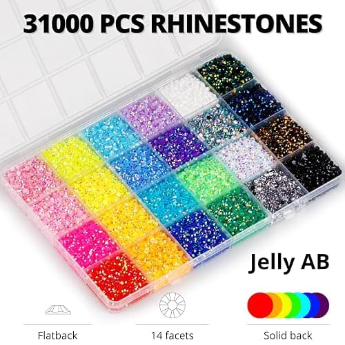 31000Pcs Rhinestones for Bedazzling, 3mm Bedazzler Kit with Flatback Rhinestones for Clothes Crafting Crafts Nails Clothing, Flat Back Resin Rainbow Colorful Colored Crystal with B 7000 Glue Clear thumbnail 3