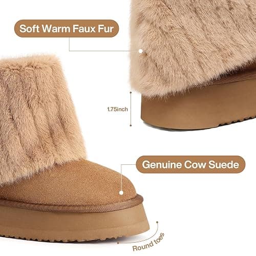 Pasuot Women's Beige Platform Fur Boots - Genuine Cow Suede, Faux Fur, Winter, Ankle-High, Casual, Anti-slip Sole, Pull-On, Round Toe, Bootie - 7.5 - Chestnut thumbnail 5
