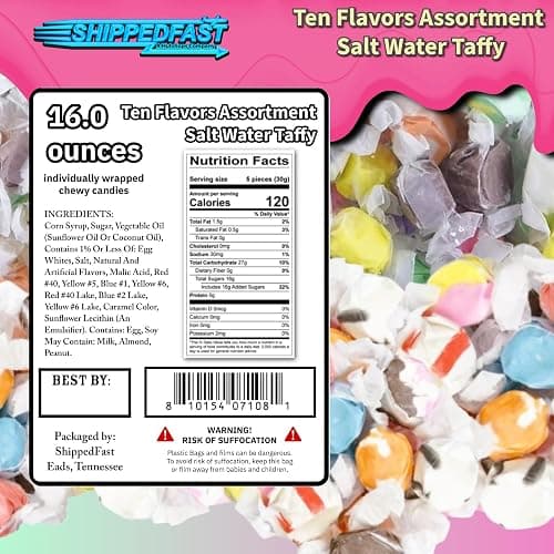 Ten Flavors Assortment, Salt Water Taffy 1 Pound Bag. Classic Boardwalk Style Taffy. (Net Wt. 16oz) thumbnail 3