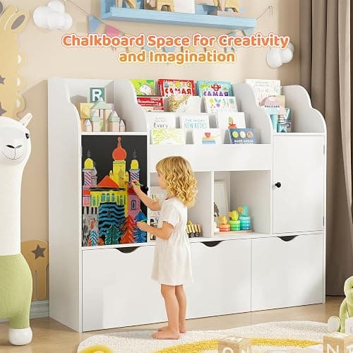Vabches 47.3'' Kids Bookshelf with Chalkboard, Toy Storage Organizer, 3 Movable Drawers, Boys and Girls Toy Shelf, 4-Tier Children Bookcase for Playroom, Nursery, Bedroom,Living Room (White) thumbnail 4