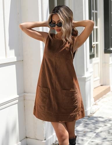 Hooever Women's Corduroy Overall Dress Round Neck A Line Skirtall Jumper Mini Dress Pinafore with Pockets thumbnail 3