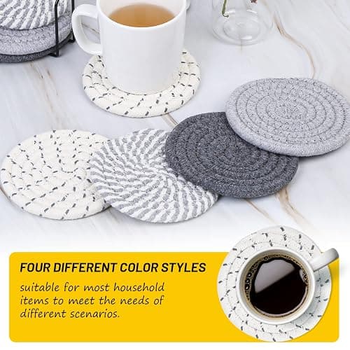 Mckanti 8 Pcs Drink Coasters with Holder, 4 Colors Absorbent Coasters, Minimalist Cotton Woven Coaster Set for Living Room Decor, Tabletop Protection Suitable for Kinds of Cups, 4.3 Inches thumbnail 6