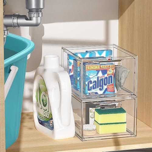 SpaceHacks 2 Pack Stackable Makeup Organizer and Storage, Acrylic Organizers，Clear Plastic Storage Drawer with Handles for Vanity, Undersink, Kitchen Cabinets, Pantry - 2 Pack - Clear thumbnail 7