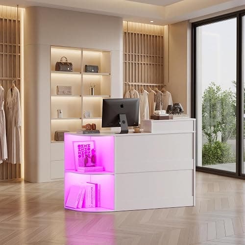 Modern Reception Desk with LED Light and Open Shelves, Front Desk with Lockable Drawers & Keyboard Tray,Reception Counter Table with Storage for Checkout, Office, Lobby, Nail Salon Spa (C.White) - Image 1