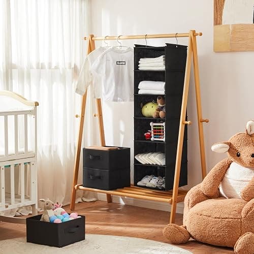 MAX Houser 6 Tier Foldable Hanging Closet Organizer with Hooks, Black-D3 | foldable lightweight fabric closet storage with 3 Drawers, space-saving design for Bedroom, Closet Hanging Shelf for Storage thumbnail 2