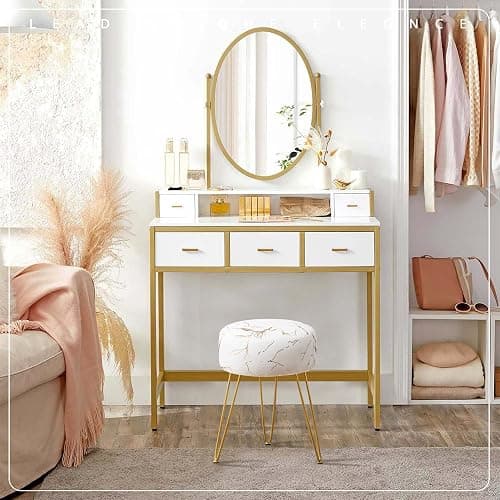 LUE BONA Vanity Stool, Gold Vanity Stools for Makeup Room, Round Ottoman Foot Stool, Velvet Footrest Vanity Chair for Bathroom Vanity, Bedroom, Living Room, Entryway, Offices thumbnail 2