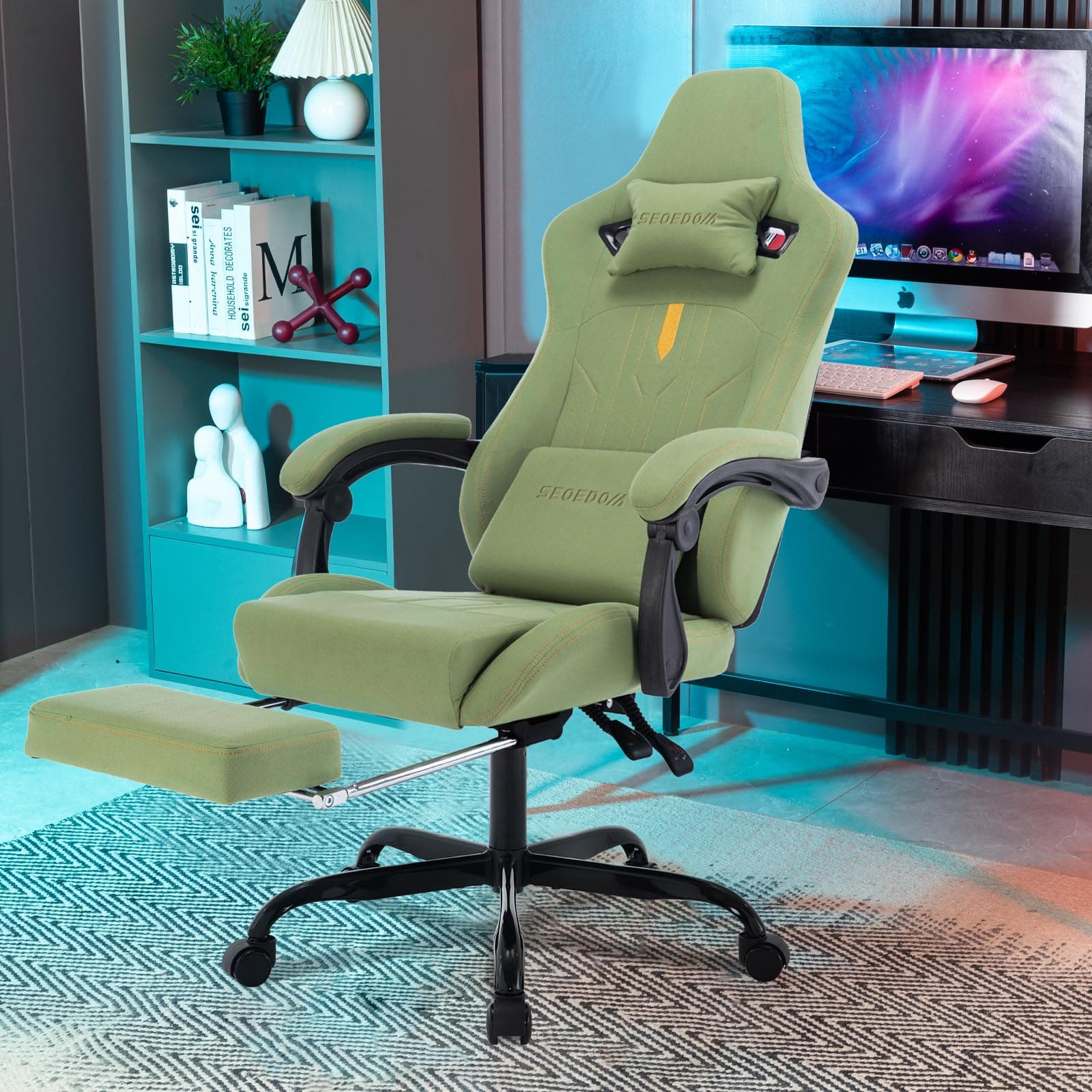 Gaming Chair with Footrest Ergonomic Computer Chair Massage Lumbar Cushion, Racing Video Game Chair Adjustable Rocker Recliner Executive Office Desk Chair PVC Leather for Adults (Green) thumbnail 2