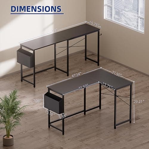 Pamray 47 Inch Reversible L Shaped Gaming Desk Corner Computer Desk with Storage Bag Home Office Table for Writing Study Black thumbnail 3