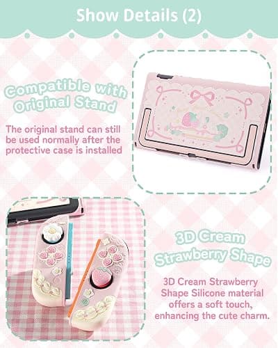 GeekShare Strawberries with Cream Case Compatible with Switch 2, Slim Separable Soft Silicone Protective Shell with 2 Thumb Grip Caps -- Pink thumbnail 4