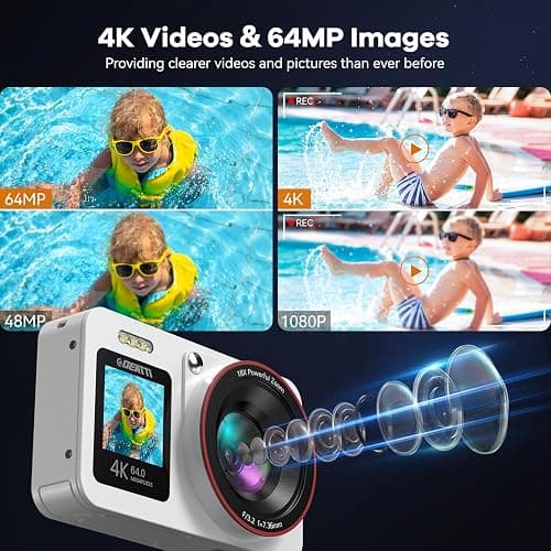 Deatti Digital Camera FHD 4K with Dual Screen 64GB SD Card 2 Batteries,18X Zoom,Anti Shake Portable Rechargeable Camera for Teens Boys Girls Kids,White thumbnail 2