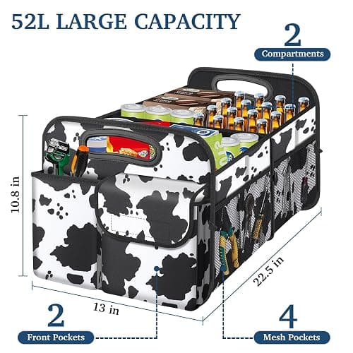 Femuar Car Trunk Organizer, Cow Print, Vintage Style, 52L Capacity, 4 Compartments, Waterproof, Non-Slip, Collapsible, 22.5"D x 18"W x 10.8"H thumbnail 2