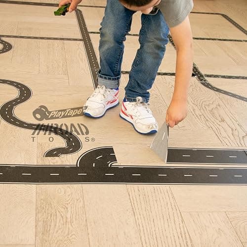 PlayTape Road Tape and Curves for Toy Cars - 1 Roll of 30 ft. x 2 in. Asphalt Road + 1 Roll of 36 Curves thumbnail 9