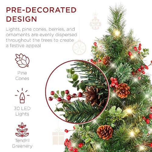 Best Choice Products Set of 2 24.5in Outdoor Pathway Christmas Trees, Battery Operated Pre-Lit Holiday Décor w/LED Lights, Red Berries, Pine Cones - Green W/Berries - 24.5in thumbnail 5
