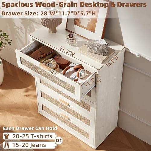 LEYAOYAO Rattan Dresser for Bedroom 41" Tall Chest of Drawers, Modern 5 Drawers Boho Dressers with Storage, Light Oak Dresser Wooden Closet Organizer for Living Room, Hallway, Grey White thumbnail 6