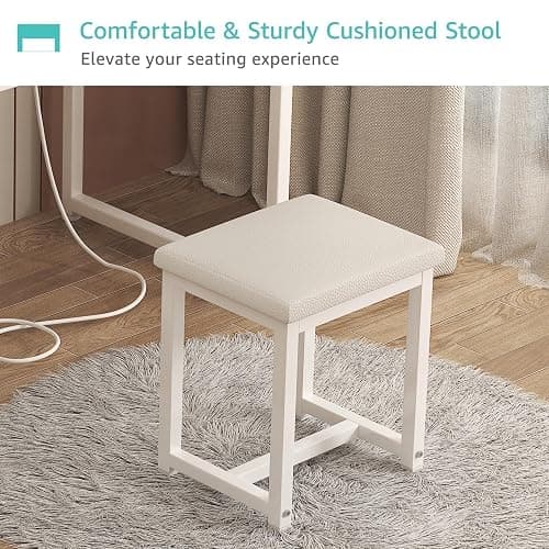 KAI-ROAD White Makeup Vanity Desk No Mirror with Chair, Small Vanity Table Set with Fabric Drawers, Power Outlet & Chair Without Mirror, Modern Make Up Desk for Girls Bedroom thumbnail 6