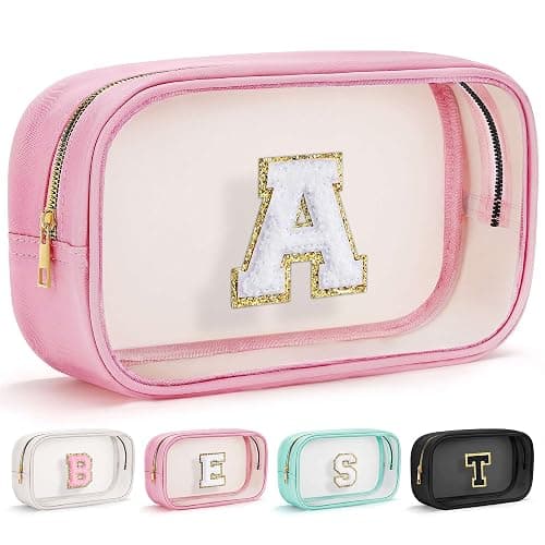 YOOLIFE Graduation Teacher Gifts Initial Clear Makeup Bag Birthday Gift Travel Toiletry Preppy Cosmetic Bags Birthday Gift for Girls Kids Travel Essentials Clear Toiletry Bag A - Large-Pink - A - Image 1