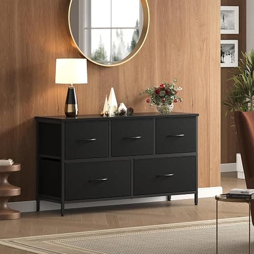 OLIXIS 5 Drawer Dresser for Bedroom, Closet Chest Organizer Furniture, TV Stand for Living Room Hallway, Wide Fabric Storage Tower with Wooden Top and Metal Frame, Black thumbnail 7