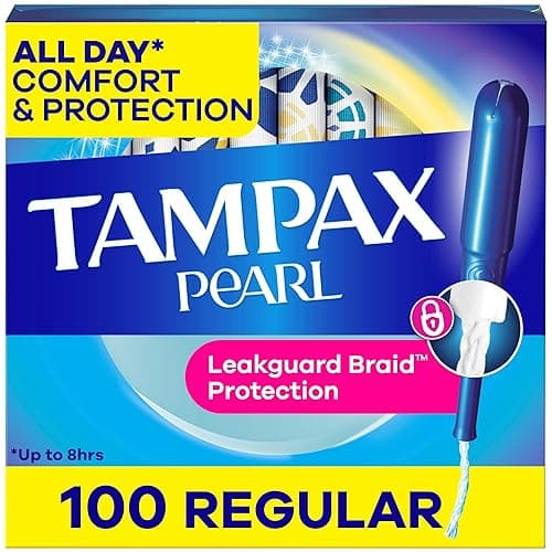 Tampax Pearl Tampons Regular Absorbency, with Leakguard Braid, Unscented, 50 Count x 2 Packs (100 Count Total) (Packaging May Vary) - Image 1