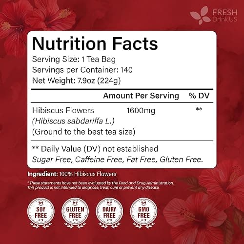 FreshDrinkUS, Premium 140 Hibiscus Flowers Tea Bags, 100% Natural, Handmade & Pure from Hibiscus Flowers. No Sugar/Caffeine/Gluten, Vegan. Tart & Refreshing, Hot or Ice Tea, Great For All Seasons thumbnail 2