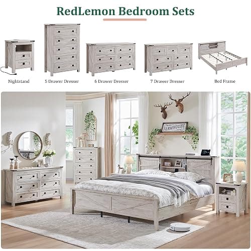 RedLemon Farmhouse 54" 6-Drawer Dresser for Bedroom, Antique Brush White | Rustic, Wood Storage Cabinet, Metal Handle, Unique Corner Accent, Bedroom, Living Room, Hallway thumbnail 5
