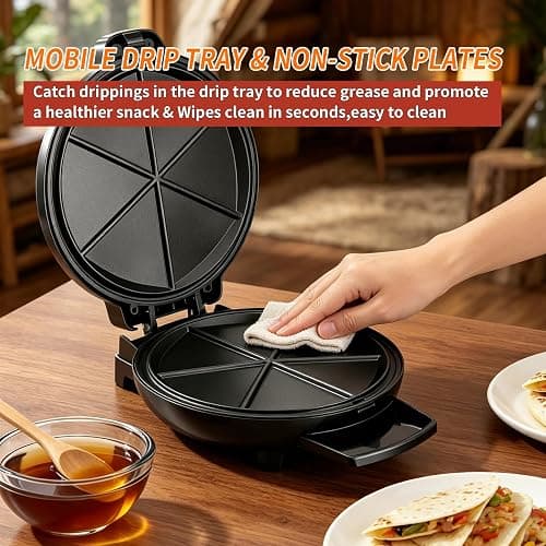Quesadilla Maker 10 Inch, 900W Dual Heating, 6 Wedges in 3 Mins, Nonstick Plates Easy to Clean, Locking Latch, Safe & Steady, Black thumbnail 7