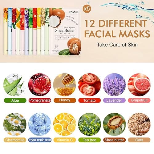 KONEUK 60 Pack Collagen Essence Face Masks Skincare for Women, Hydrating Sheet Face Masks Suitable for Dry and Sensitive Skin, Bulk Facial Masks for Women Skin Care, Face Mask Gifts Set for Spa Party thumbnail 2