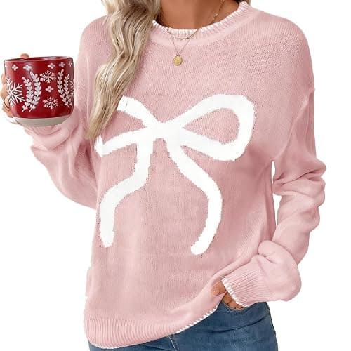 Women Bow Sweater Casual Crew Neck Long Sleeve Pullover Sweaters y2k Lightweight Knitted Jumper Tops Winter Clothing - Image 1